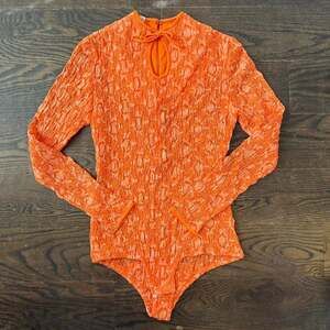 Vintage Orange Textured Bodysuit with Bow Detail - Mock Neck Long Sleeve